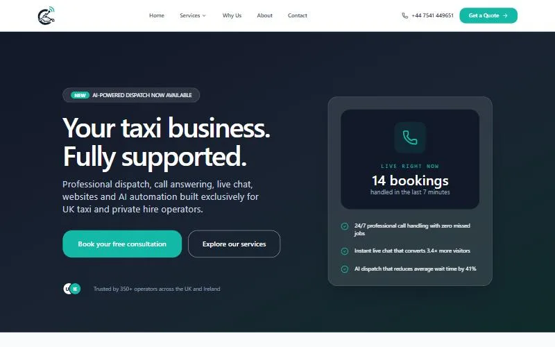 Homepage of Cabcomms, a website developed by Nexcommerce