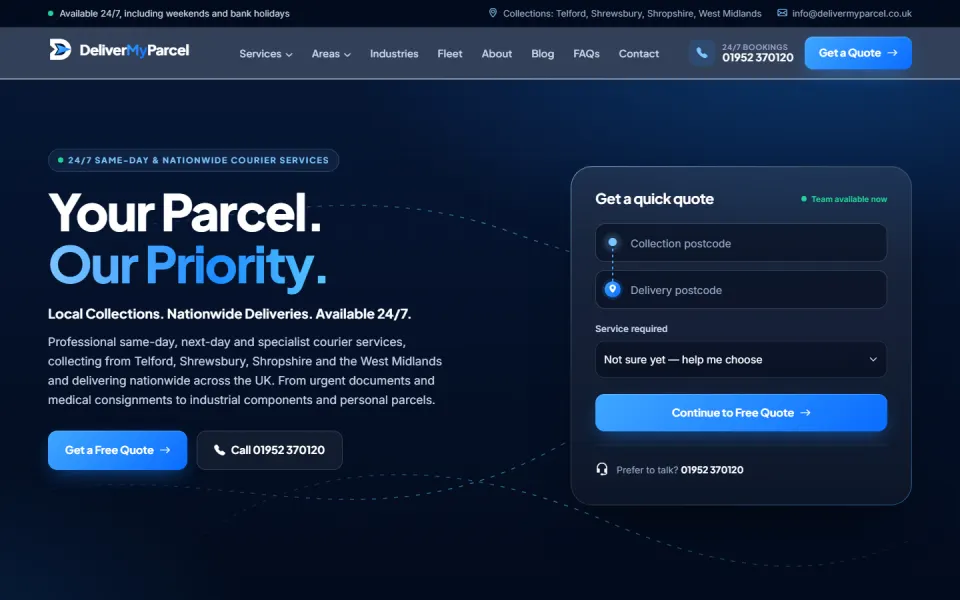 Homepage of Deliver My Parcel, a website developed by Nexcommerce