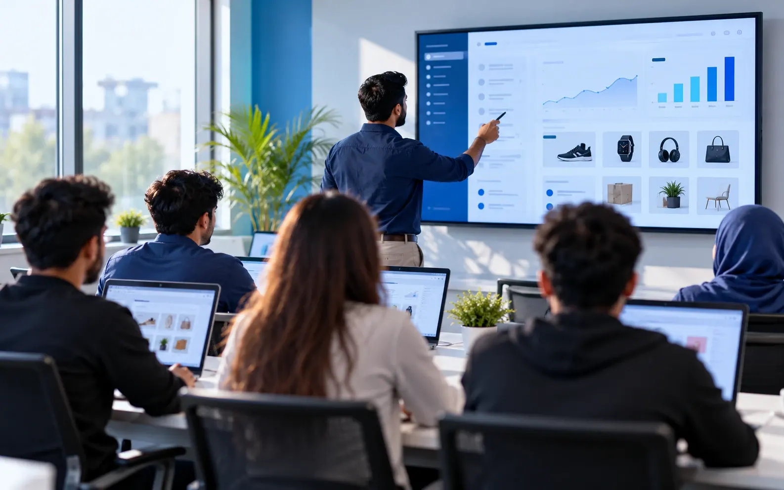 Illustration of an instructor explaining an e-commerce dashboard on a wall screen to learners with laptops